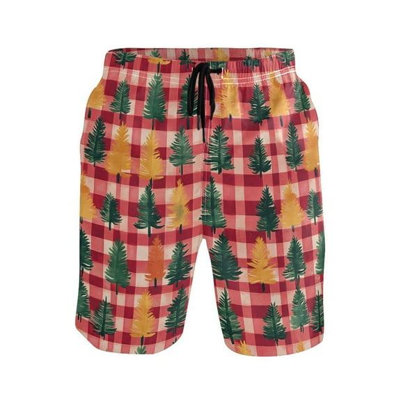 joogoo Men's Swim Trunks Christmas Tree Checkered Beach Shorts with Pockets L