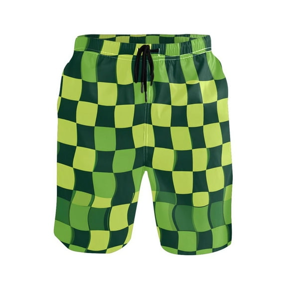 joogoo Men's Swim Trunks Green Checkered Pattern Beach Shorts with Pockets L