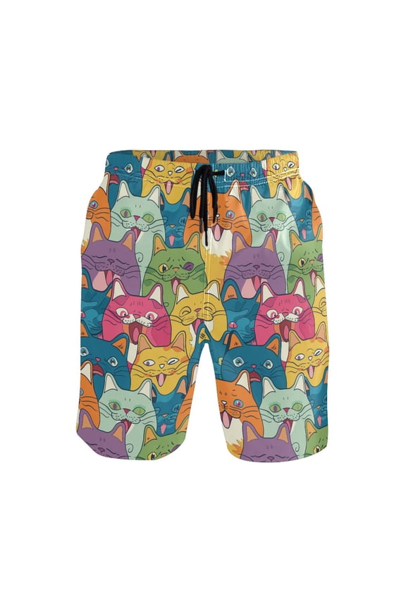 Men's Swim Trunks Happy Cat Faces Beach Shorts with Pockets S