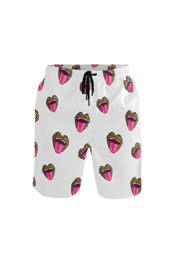 Men's Swim Trunks Leopard Red Lips Beach Shorts with Pockets S