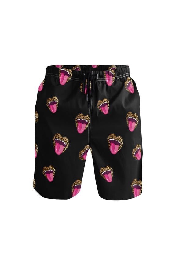 Men's Swim Trunks Leopard Red Lips1 Beach Shorts with Pockets M