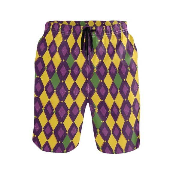 joogoo Men's Swim Trunks Mardi Gras Checkered Beach Shorts with Pockets S