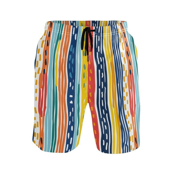 joogoo Men's Swim Trunks Rainbow Geometric Stripes Hand Drawn Beach Shorts with Pockets M