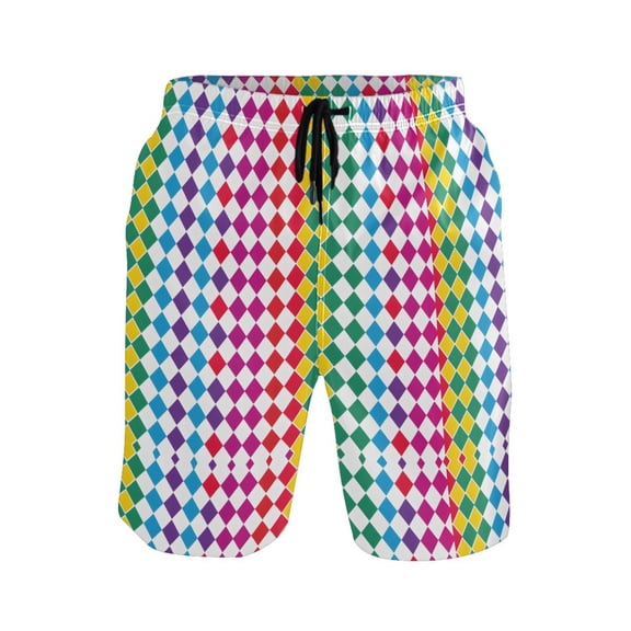 joogoo Men's Swim Trunks Rainbow Plaid Pattern Beach Shorts with Pockets L