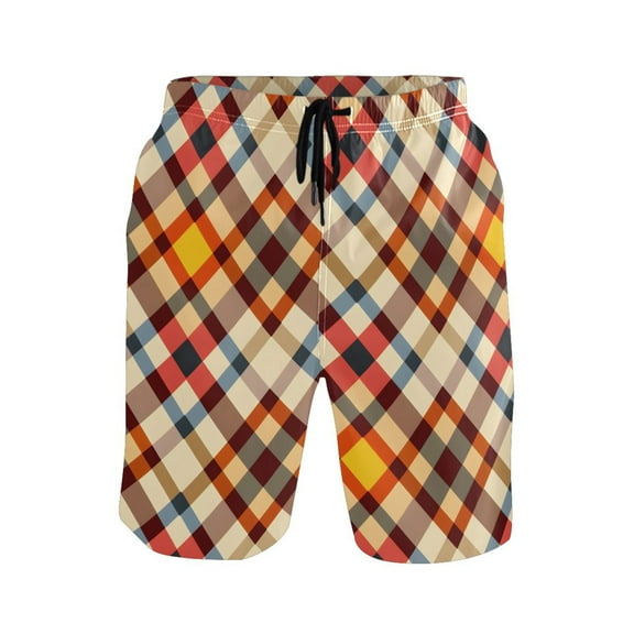 joogoo Men's Swim Trunks Red Artistic Checkered Pattern Beach Shorts with Pockets L