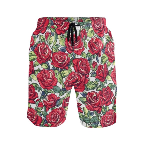 joogoo Men's Swim Trunks Retro Rose Flowers Beach Shorts with Pockets L