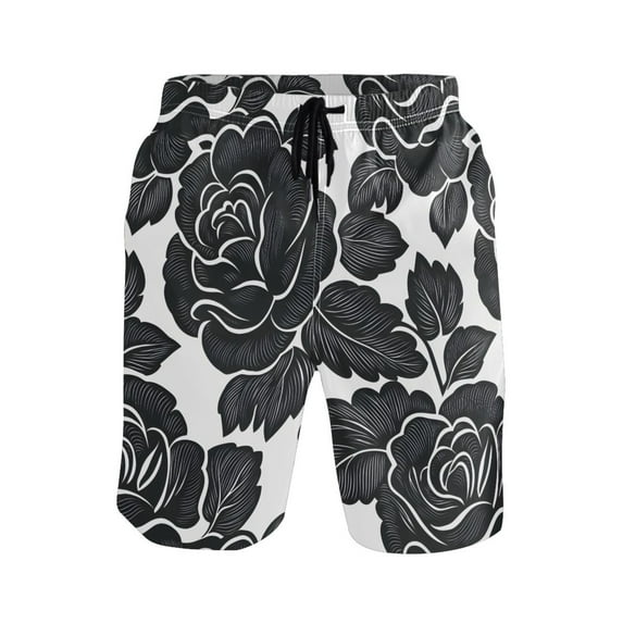 joogoo Men's Swim Trunks Roses Black Beach Shorts with Pockets XL