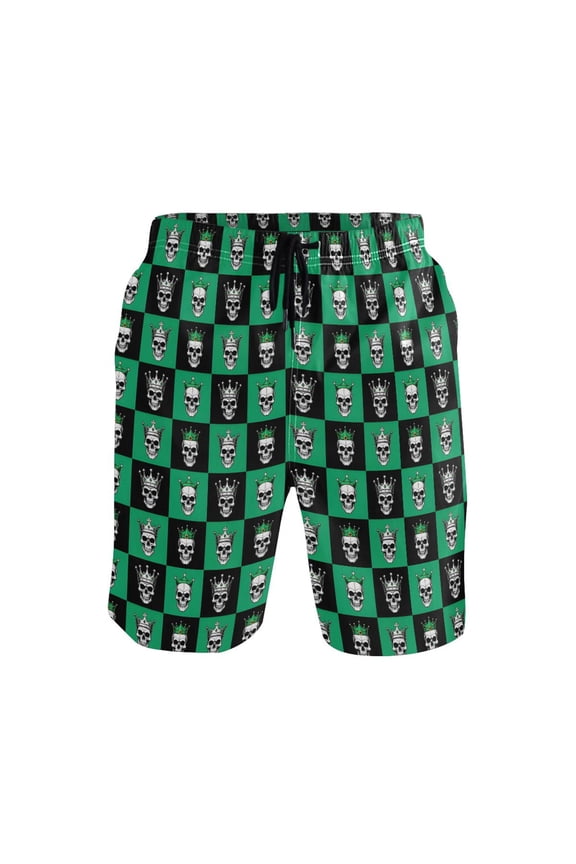 Men's Swim Trunks Skull on Checkered Beach Shorts with Pockets S