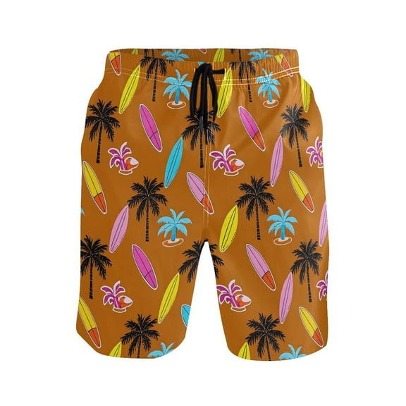 joogoo Men's Swim Trunks Surfboard Coconut Tree Beach Shorts with Pockets L