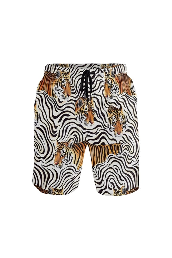 Men's Swim Trunks Tigers in Stripes Beach Shorts with Pockets L