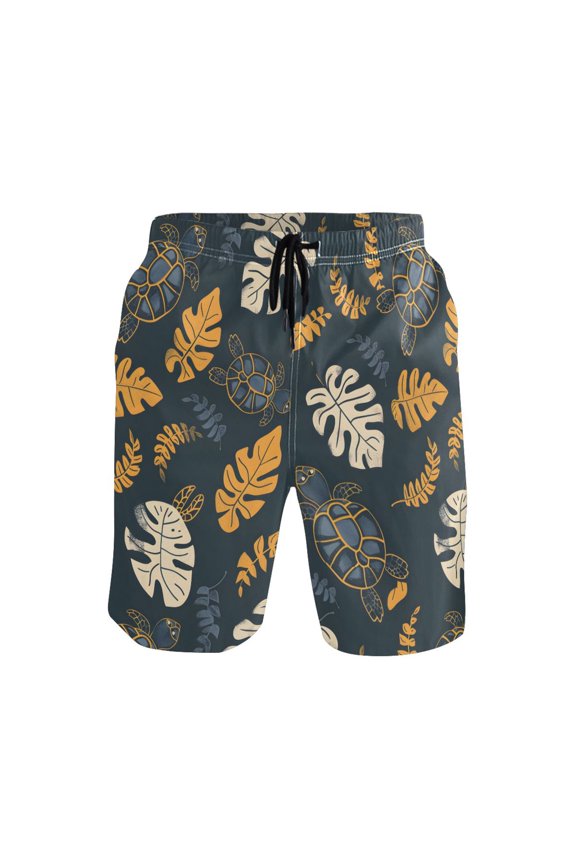 Men's Swim Trunks Turtle and Leaf Beach Shorts with Pockets M