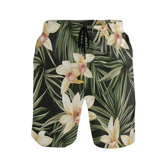joogoo Men's Swim Trunks Vintage Orchid Flower Beach Shorts with Pockets L