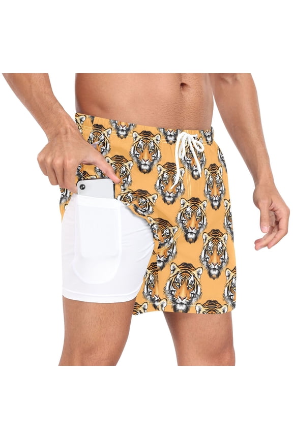 Men's Tigers Face Swim Trunks with Liner Pocket Beach Shorts XXL