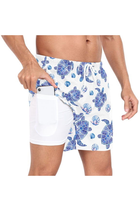 Men's Turtles Seashells Swim Trunks with Liner Pocket Beach Shorts M