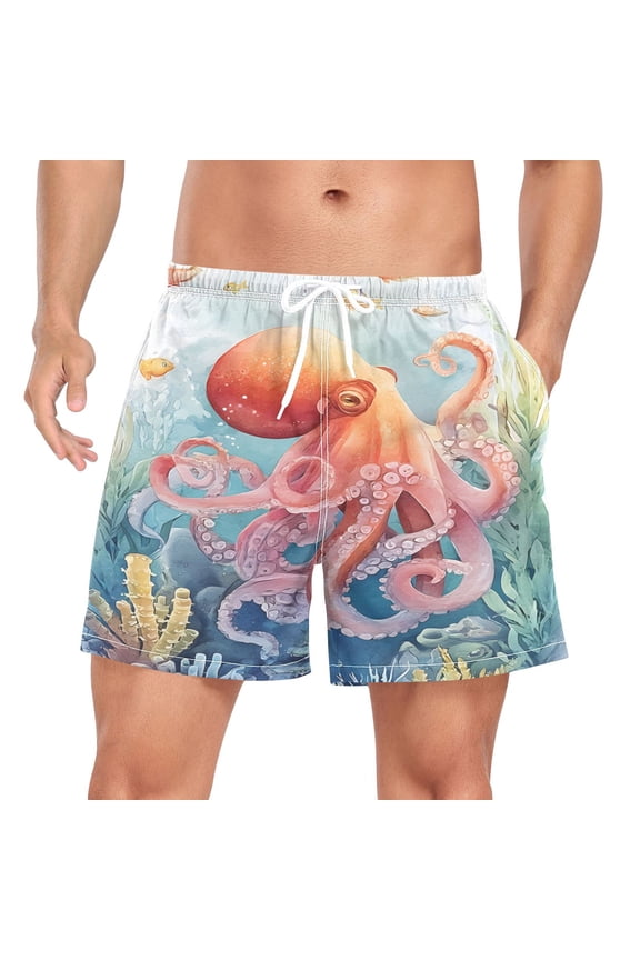 Men's Watercolor Octopus Swim Trunks with Liner Pocket Beach Shorts Large