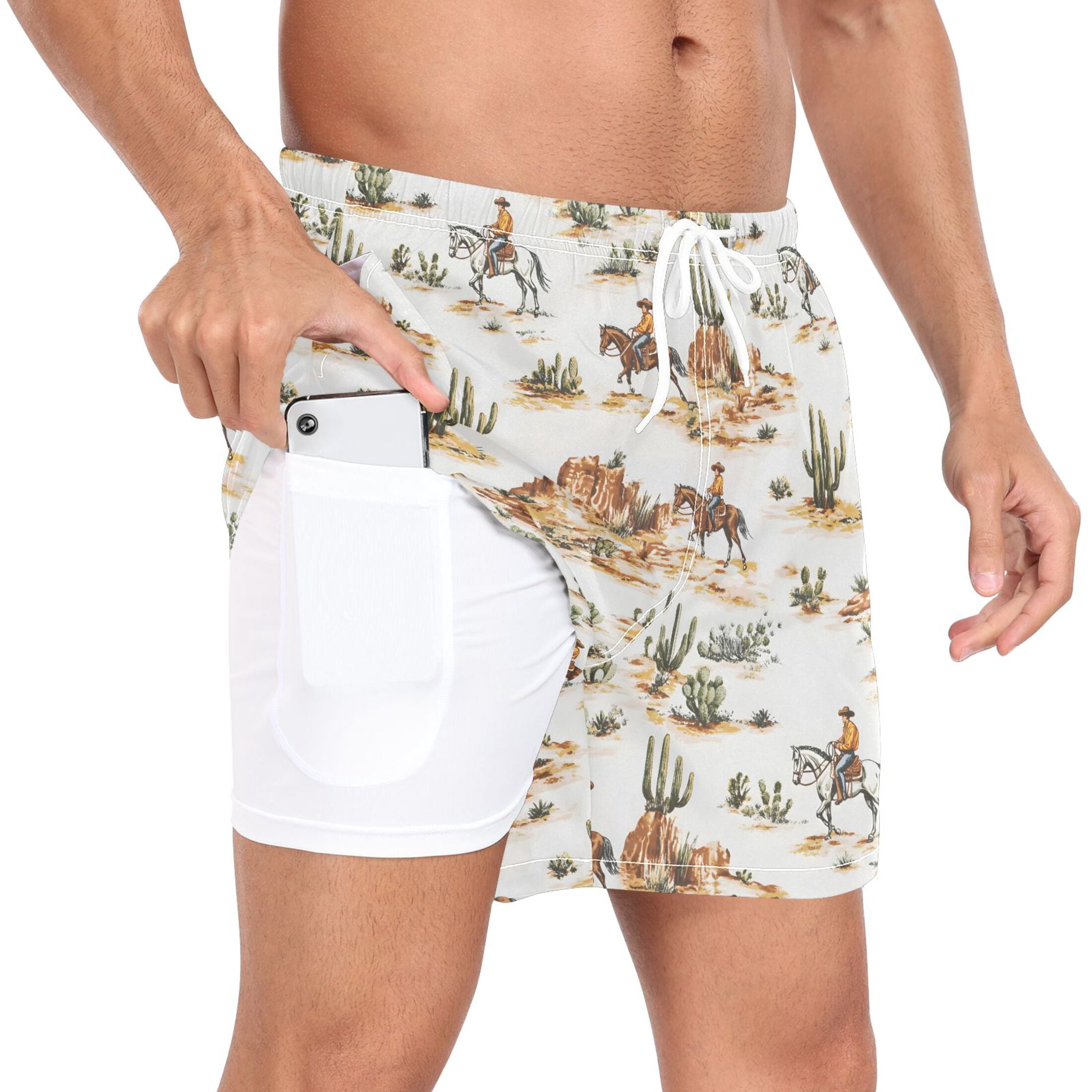 joogoo Men's Western Cowboy Horses Swim Trunks with Liner Pocket Beach Shorts M