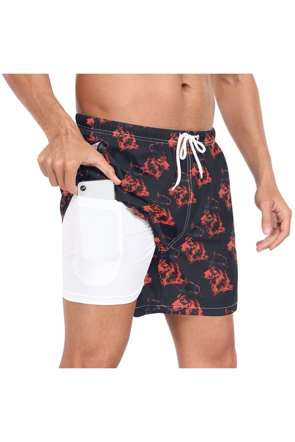 Men's Wolf Heads Swim Trunks with Liner Pocket Beach Shorts M