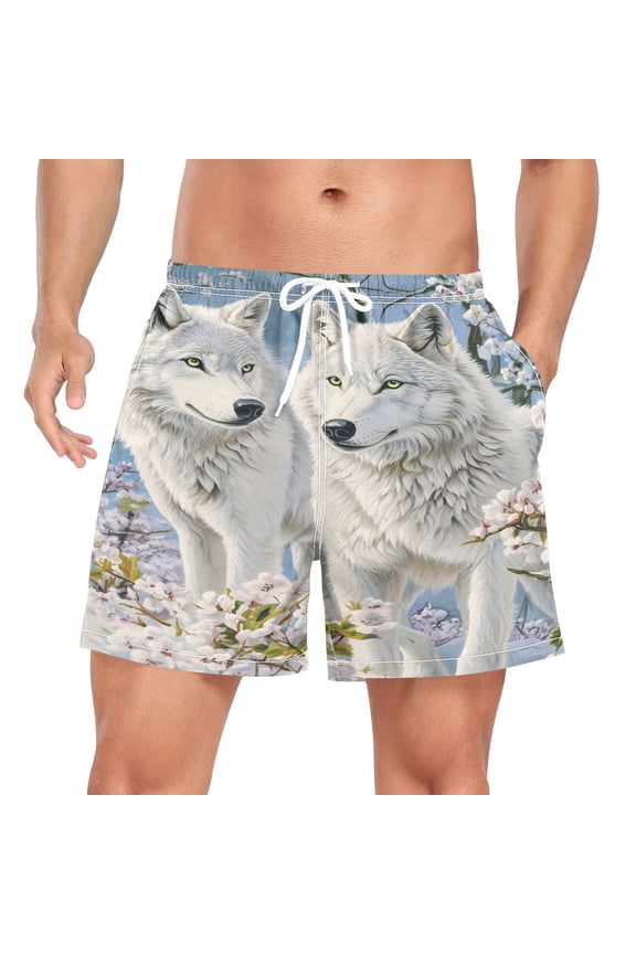 Men's Wolf at Winter Forest Swim Trunks with Liner Pocket Beach Shorts Large