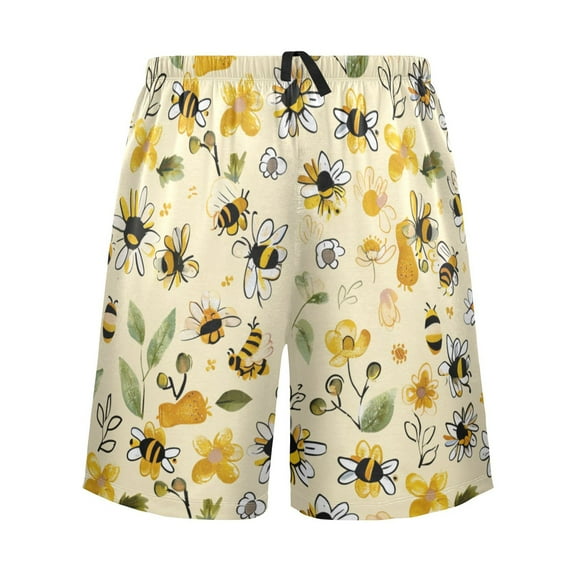 joogoo Mens Swim Trunks Bee and Floral Beach Shorts Drawstring Elastic Waist Swimwear Bathing Suits L