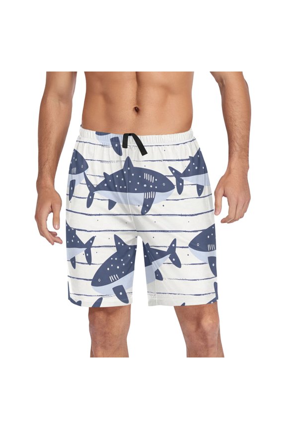 Mens Swim Trunks Cartoon Shark on Strips Beach Shorts Drawstring Elastic Waist Swimwear Bathing Suits M