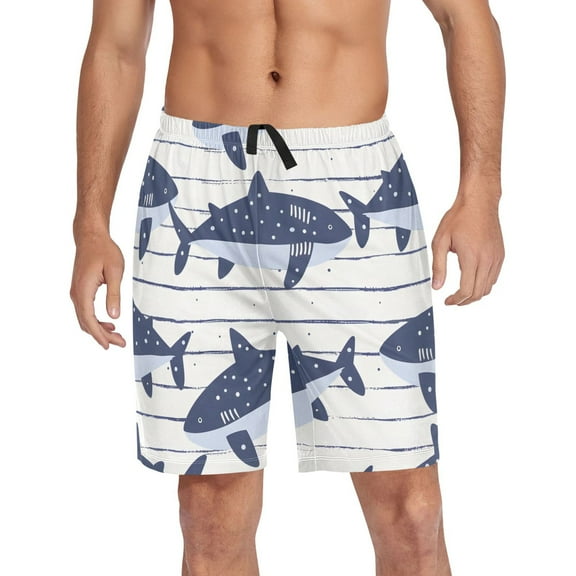joogoo Mens Swim Trunks Cartoon Shark on Strips Beach Shorts Drawstring Elastic Waist Swimwear Bathing Suits XL