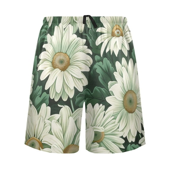 joogoo Mens Swim Trunks Daisy White Green Beach Shorts Drawstring Elastic Waist Swimwear Bathing Suits XL