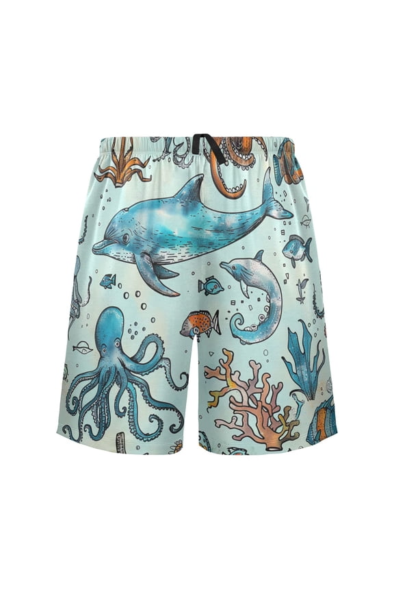 Mens Swim Trunks Dolphin and Octopus Beach Shorts Drawstring Elastic Waist Swimwear Bathing Suits M