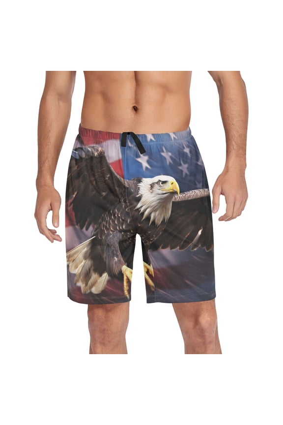 Mens Swim Trunks Eagle with Flag Beach Shorts Drawstring Elastic Waist Swimwear Bathing Suits S