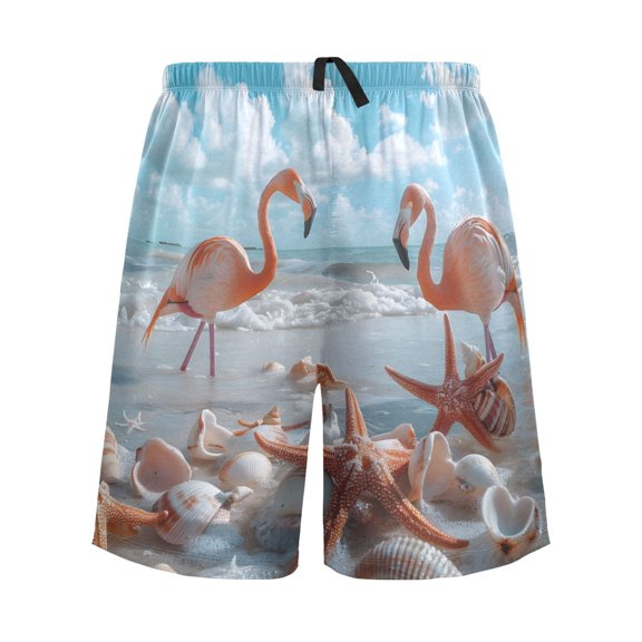 joogoo Mens Swim Trunks Flamingos Starfish Shells on Beach Beach Shorts Drawstring Elastic Waist Swimwear Bathing Suits XXL