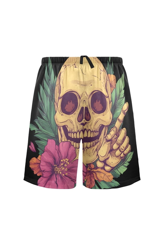 Mens Swim Trunks Funny Skeleton and Flower Beach Shorts Drawstring Elastic Waist Swimwear Bathing Suits M