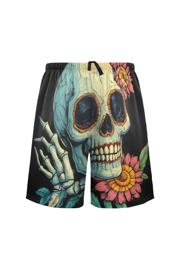Mens Swim Trunks Funny Skeleton and Flowers Beach Shorts Drawstring Elastic Waist Swimwear Bathing Suits L