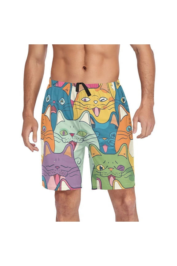 Mens Swim Trunks Happy Cat Faces Beach Shorts Drawstring Elastic Waist Swimwear Bathing Suits S