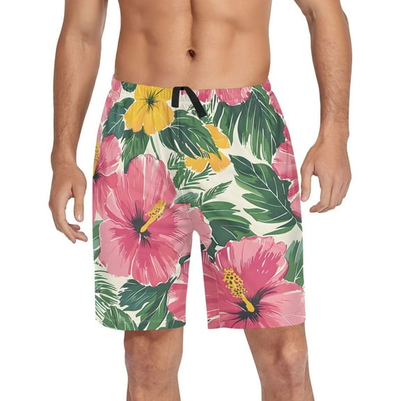 joogoo Mens Swim Trunks Hibiscus Flower Leaf Beach Shorts Drawstring Elastic Waist Swimwear Bathing Suits L
