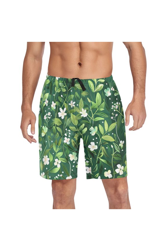 Mens Swim Trunks Jasmine Flower and Leaves Beach Shorts Drawstring Elastic Waist Swimwear Bathing Suits S