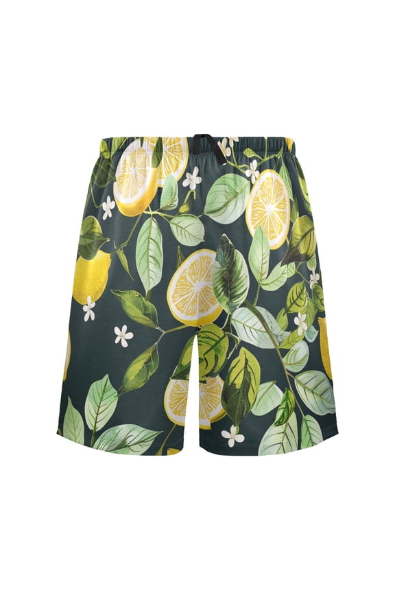 Mens Swim Trunks Lemon and Leaves Floral Beach Shorts Drawstring Elastic Waist Swimwear Bathing Suits L