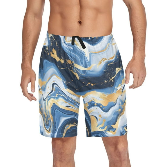 joogoo Mens Swim Trunks Marble Blue Gold White Abstract Beach Shorts Drawstring Elastic Waist Swimwear Bathing Suits S