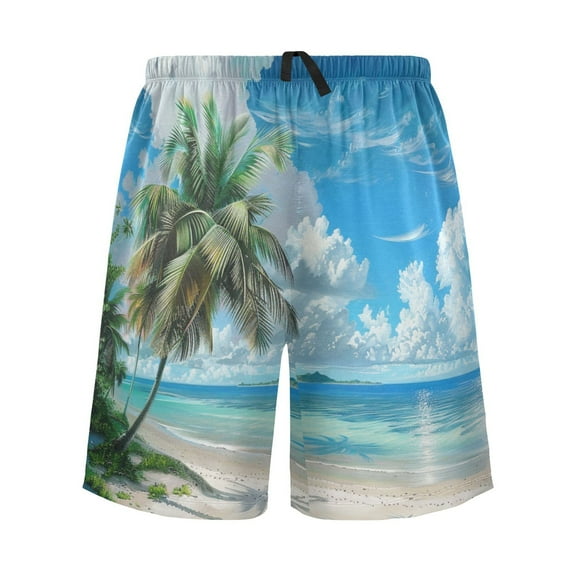 joogoo Mens Swim Trunks Palm Tree on Beach View Beach Shorts Drawstring Elastic Waist Swimwear Bathing Suits XXL