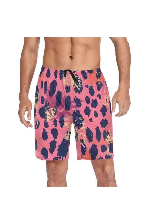Mens Swim Trunks Pink Leopard Print Beach Shorts Drawstring Elastic Waist Swimwear Bathing Suits L