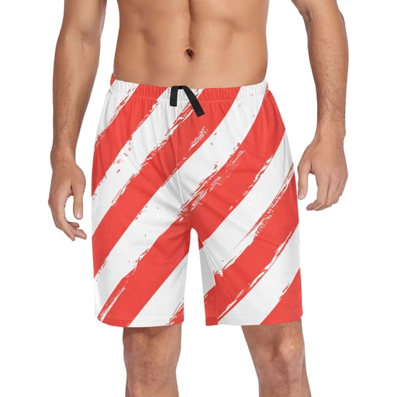 joogoo Mens Swim Trunks Red and White Art Stripes Beach Shorts Drawstring Elastic Waist Swimwear Bathing Suits M