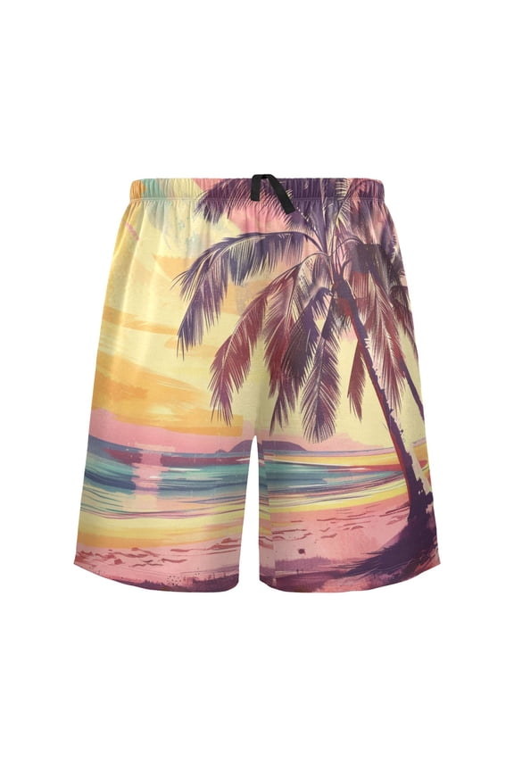 Mens Swim Trunks Retro Sunset Palm Tree on Beach Beach Shorts Drawstring Elastic Waist Swimwear Bathing Suits L