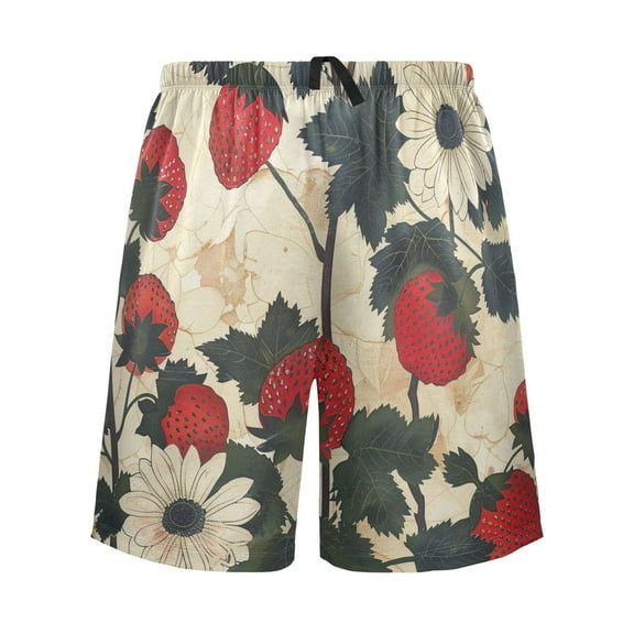 joogoo Mens Swim Trunks Strawberry Daisy Floral Retro Beach Shorts Drawstring Elastic Waist Swimwear Bathing Suits S