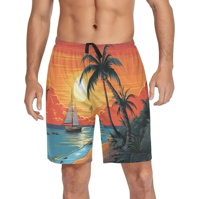 joogoo Mens Swim Trunks Sunset Sea Island View Beach Shorts Drawstring Elastic Waist Swimwear Bathing Suits XXL