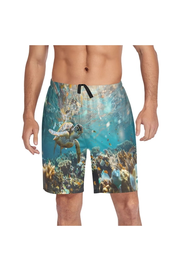 Mens Swim Trunks Turtle Swims under Sea Beach Shorts Drawstring Elastic Waist Swimwear Bathing Suits S