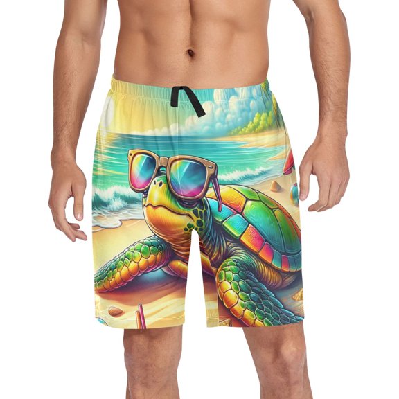joogoo Mens Swim Trunks Turtle Wear Sunglasses on Beach Beach Shorts Drawstring Elastic Waist Swimwear Bathing Suits S