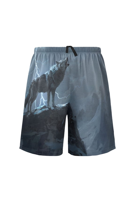 Mens Swim Trunks Wolf and Lightning on Mountain Beach Shorts Drawstring Elastic Waist Swimwear Bathing Suits M