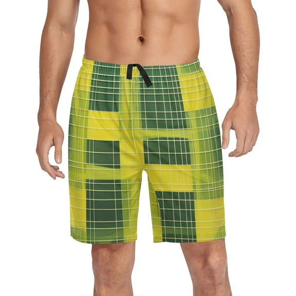 joogoo Mens Swim Trunks Yellow and Green Grid Beach Shorts Drawstring Elastic Waist Swimwear Bathing Suits L