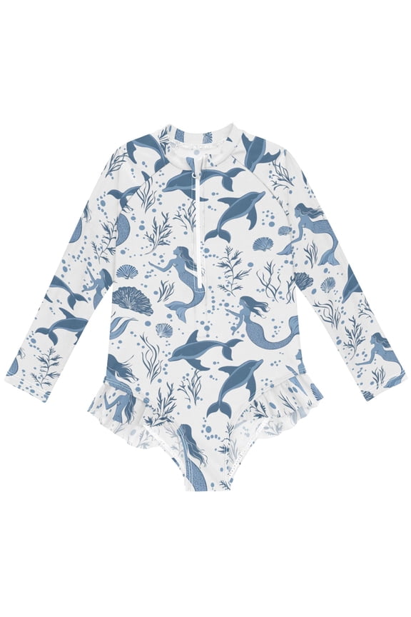 Mermaid Dolphins Coral Pattern Girls One-Piece Swimsuits UPF 50+ Long Sleeve Rash Guard Bathing Suit 3 Years