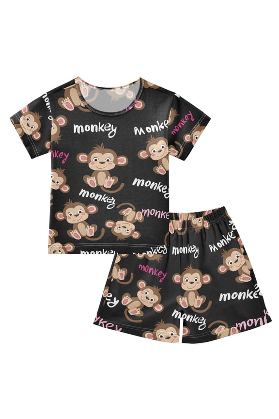 Monkey Cute Pattern Pajama Sets Short Sleeve Cotton 2-Piece Sleepwear 14Y
