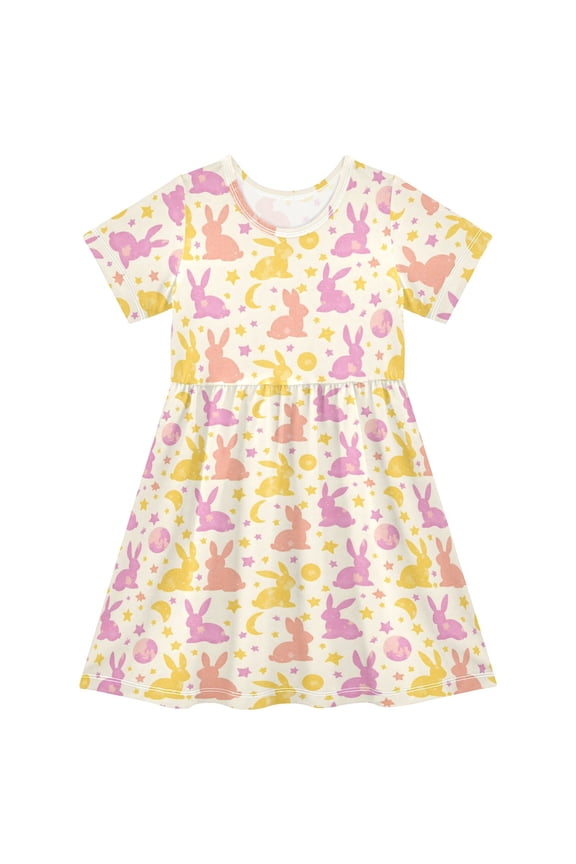 Moon Rabbits Stars Girls' Short Sleeve Dress Kids Dresses 5-6T
