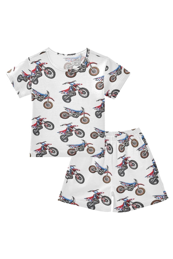 Mountain Bikes Pattern Pajama Sets Short Sleeve Cotton 2-Piece Sleepwear 12Y